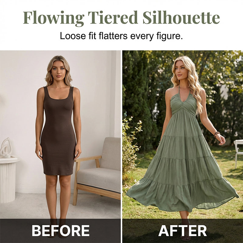 Dames halternek rugloze getrapte maxi-jurk