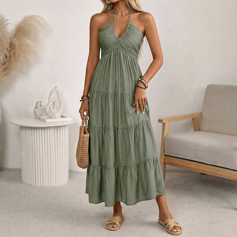 Dames halternek rugloze getrapte maxi-jurk