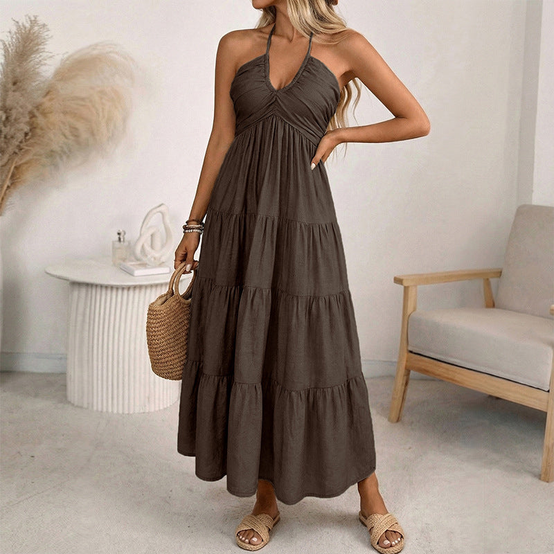 Dames halternek rugloze getrapte maxi-jurk