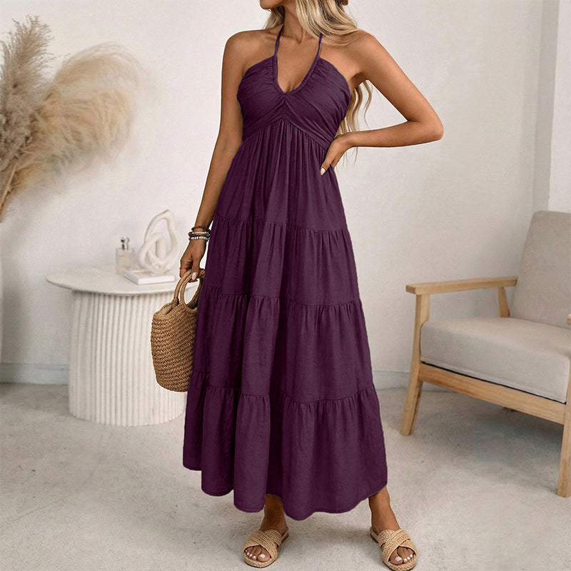 Dames halternek rugloze getrapte maxi-jurk