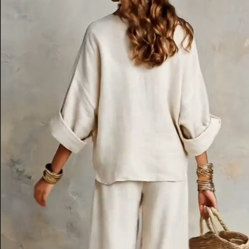 Dames Set: Top met V-hals & Broek met Wijde Pijpen