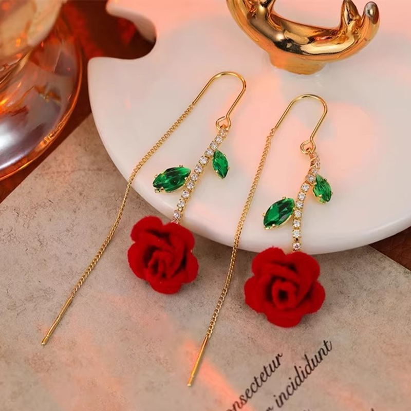 🌹✨PROMOTIE -50%💎Rood-roze oorbellen met kristallen staaf – Threader-stijl, micro-ingelegd & romantisch ontwerp (goud met groen)