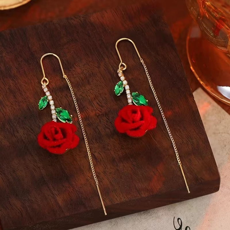 🌹✨PROMOTIE -50%💎Rood-roze oorbellen met kristallen staaf – Threader-stijl, micro-ingelegd & romantisch ontwerp (goud met groen)