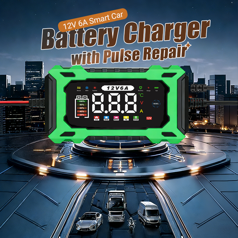 🔋 12V 6A slimme acculader – pulsherstel voor oude batterijen, geschikt voor alle auto's en motoren.