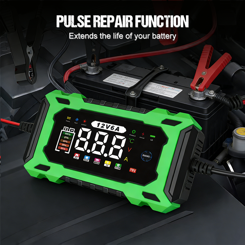 🔋 12V 6A slimme acculader – pulsherstel voor oude batterijen, geschikt voor alle auto's en motoren.