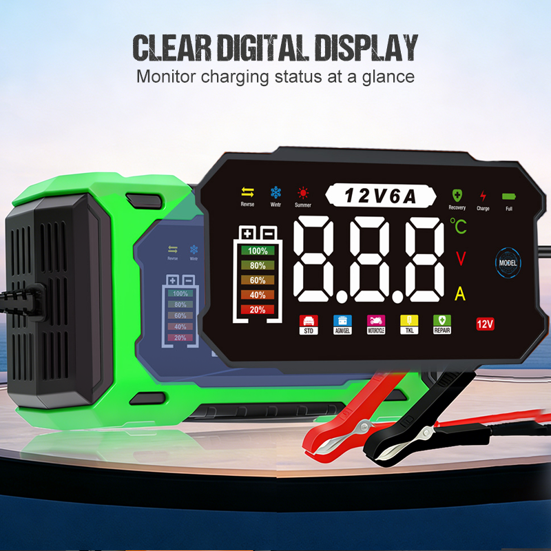 🔋 12V 6A slimme acculader – pulsherstel voor oude batterijen, geschikt voor alle auto's en motoren.