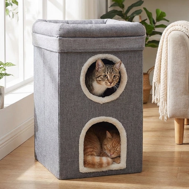 Foldable Multi-Level Cat Condo with Scratching Pad