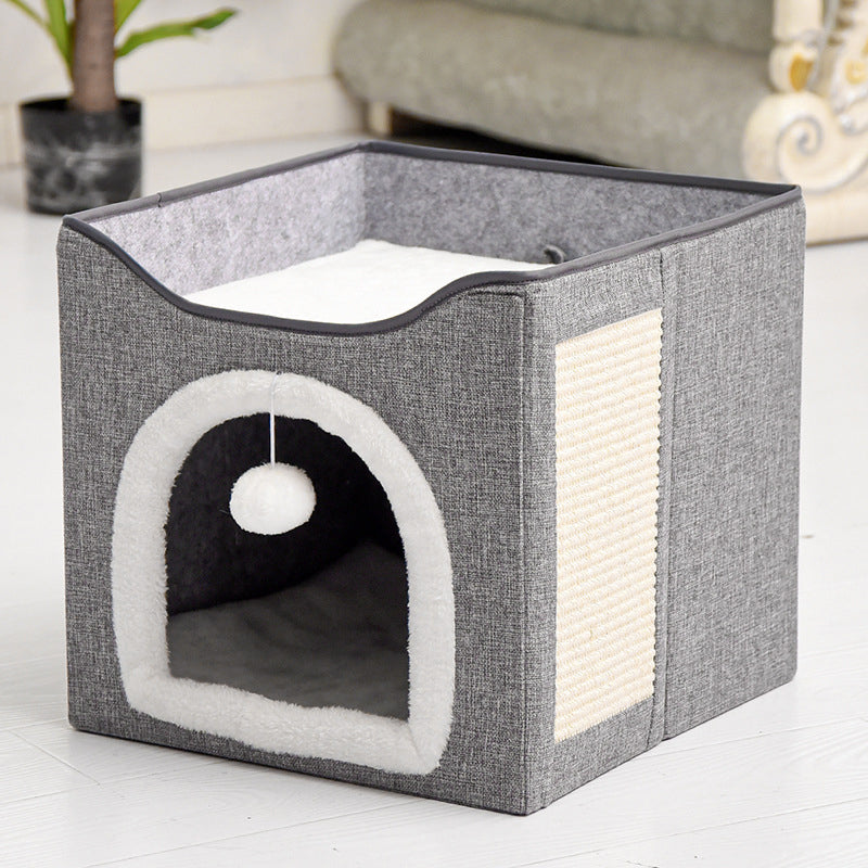 Foldable Multi-Level Cat Condo with Scratching Pad