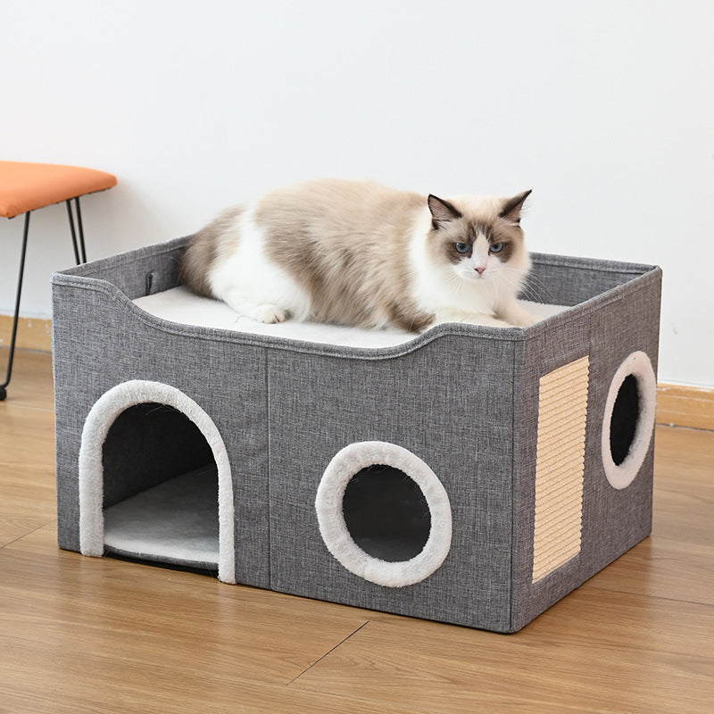 Foldable Multi-Level Cat Condo with Scratching Pad