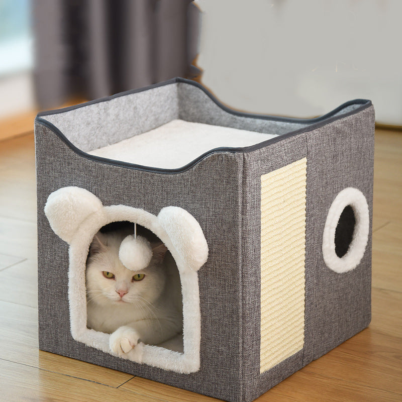 Foldable Multi-Level Cat Condo with Scratching Pad