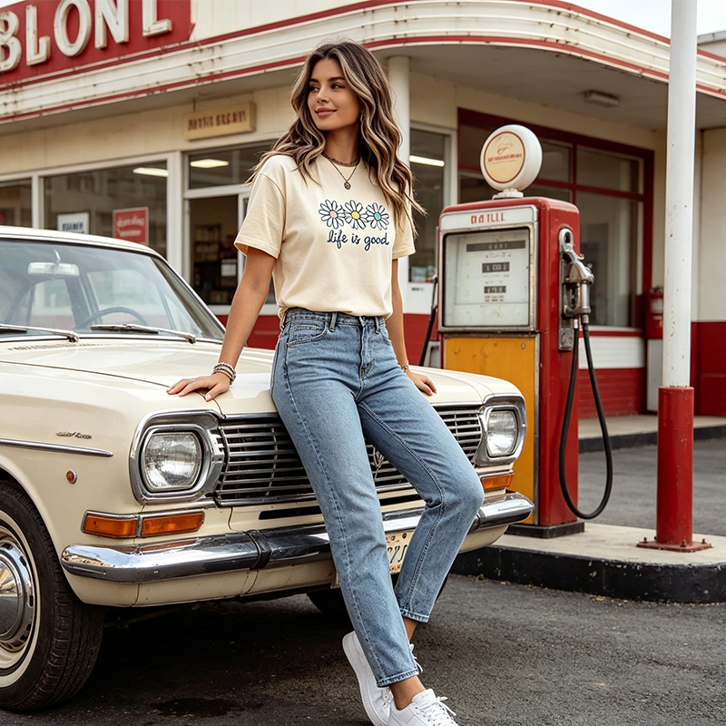 “Life is Good” T-shirt met madeliefjesprint
