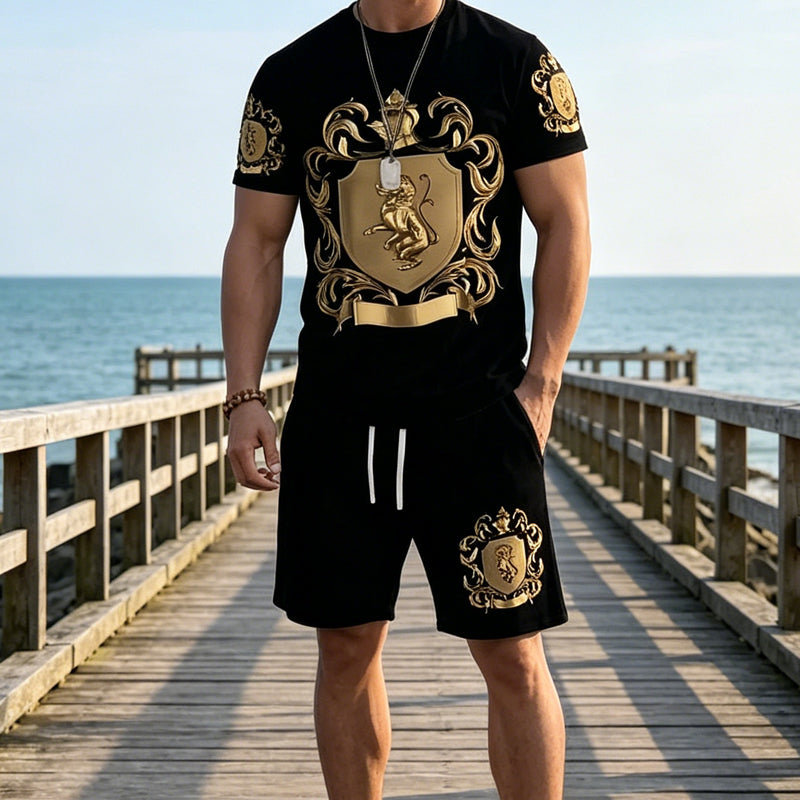 👕50% KORTING NU!👑 Heren Gouden Wapen Print T-Shirt & Shorts Set – Stijlvol, Ademend & Perfect voor Casual Zomerdagen of Sportieve Looks 🩳