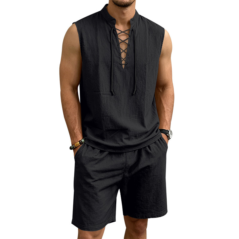 🧵 TIJDELIJKE ACTIE 50% KORTING! ✨ Heren linnen sluitloos setje – Top & Shorts, Riem veter, 7 kleuren ☀️