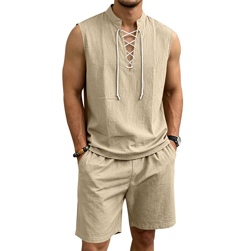 🧵 TIJDELIJKE ACTIE 50% KORTING! ✨ Heren linnen sluitloos setje – Top & Shorts, Riem veter, 7 kleuren ☀️