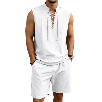 🧵 TIJDELIJKE ACTIE 50% KORTING! ✨ Heren linnen sluitloos setje – Top & Shorts, Riem veter, 7 kleuren ☀️