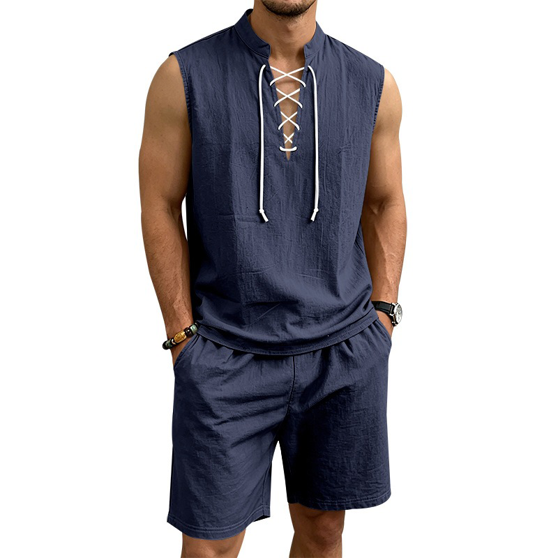 🧵 TIJDELIJKE ACTIE 50% KORTING! ✨ Heren linnen sluitloos setje – Top & Shorts, Riem veter, 7 kleuren ☀️