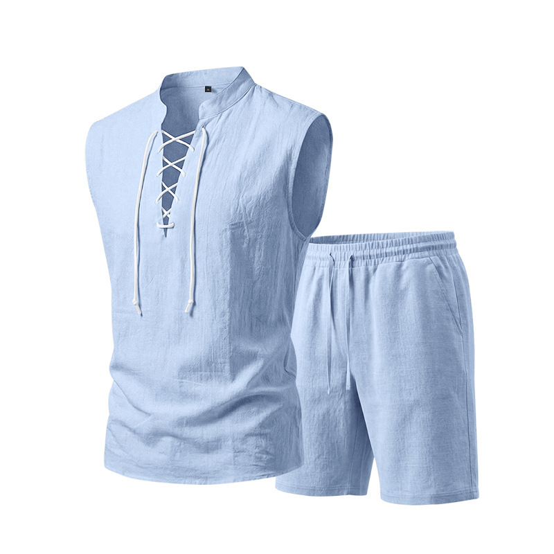 🧵 TIJDELIJKE ACTIE 50% KORTING! ✨ Heren linnen sluitloos setje – Top & Shorts, Riem veter, 7 kleuren ☀️