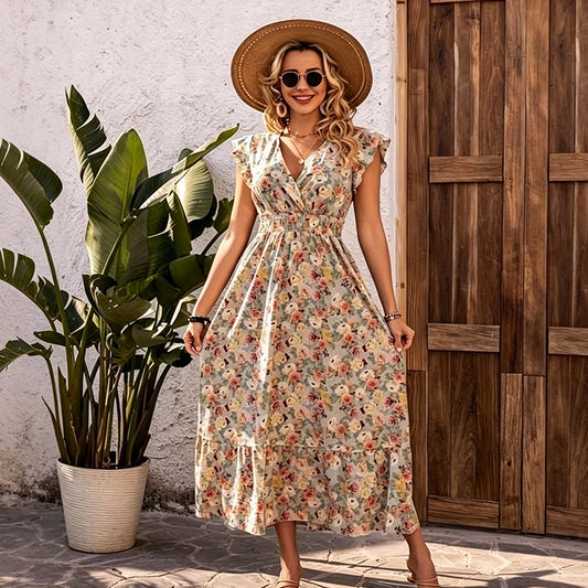 Dames Jurk met Bloemenprint, V-hals en Gesmokte Taille
