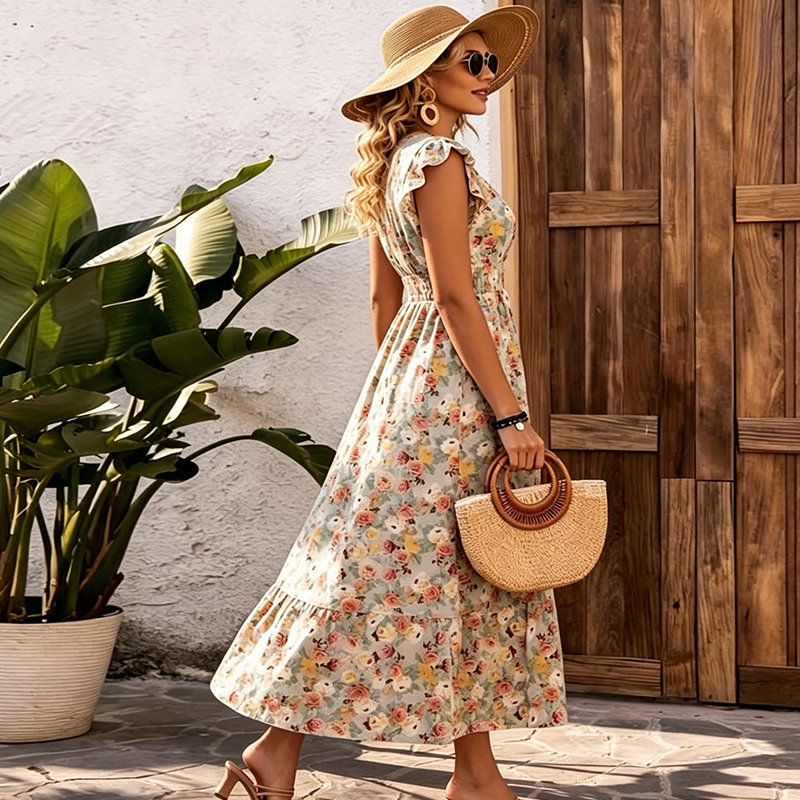 Dames Jurk met Bloemenprint, V-hals en Gesmokte Taille