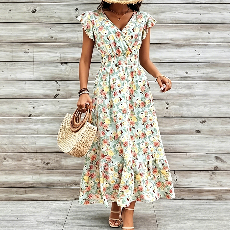 Dames Jurk met Bloemenprint, V-hals en Gesmokte Taille