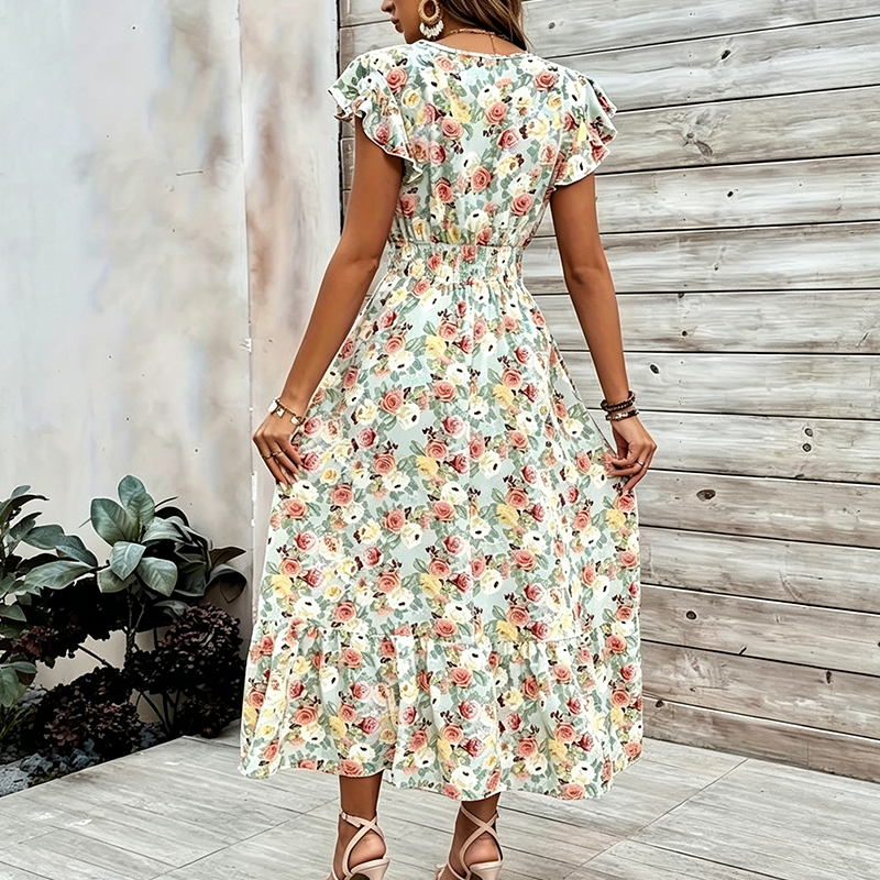 Dames Jurk met Bloemenprint, V-hals en Gesmokte Taille