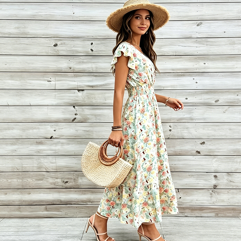 Dames Jurk met Bloemenprint, V-hals en Gesmokte Taille