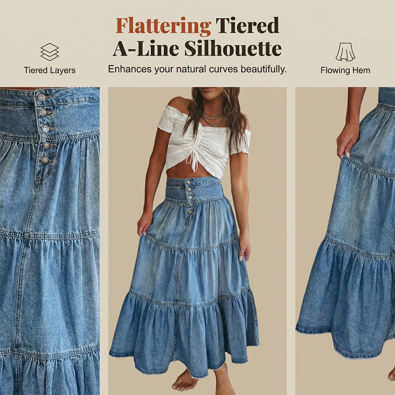 ⏳Tijdelijke aanbieding⏰Dames maxi-rok van denim met hoge taille en ruches in A-lijn model