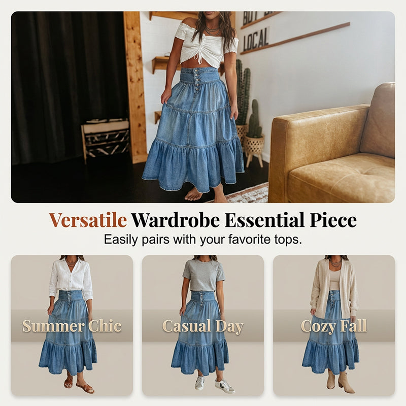 ⏳Tijdelijke aanbieding⏰Dames maxi-rok van denim met hoge taille en ruches in A-lijn model