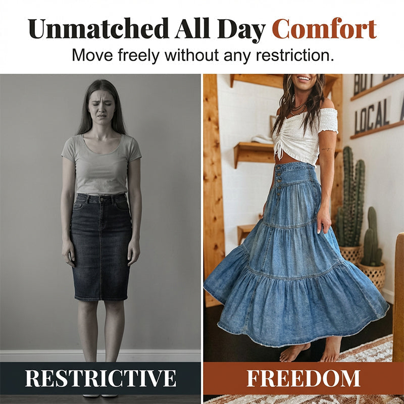⏳Tijdelijke aanbieding⏰Dames maxi-rok van denim met hoge taille en ruches in A-lijn model