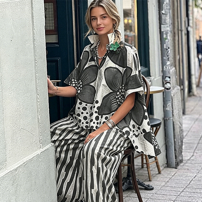 ⏳ Tijdelijke aanbieding! 50% korting 🌿 Dames tweedelige set met printtop en broek