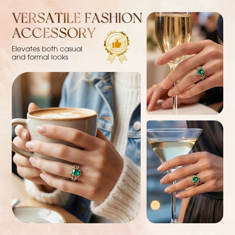 Groene synthetische kristallen ring met ingewikkeld blad