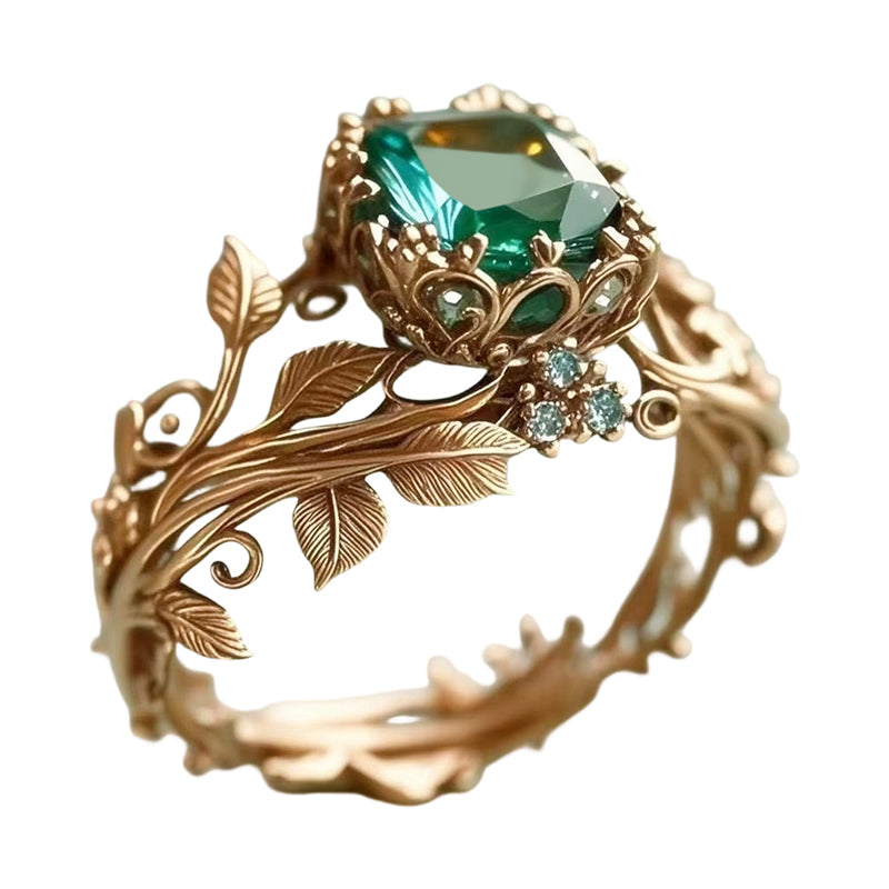 Groene synthetische kristallen ring met ingewikkeld blad