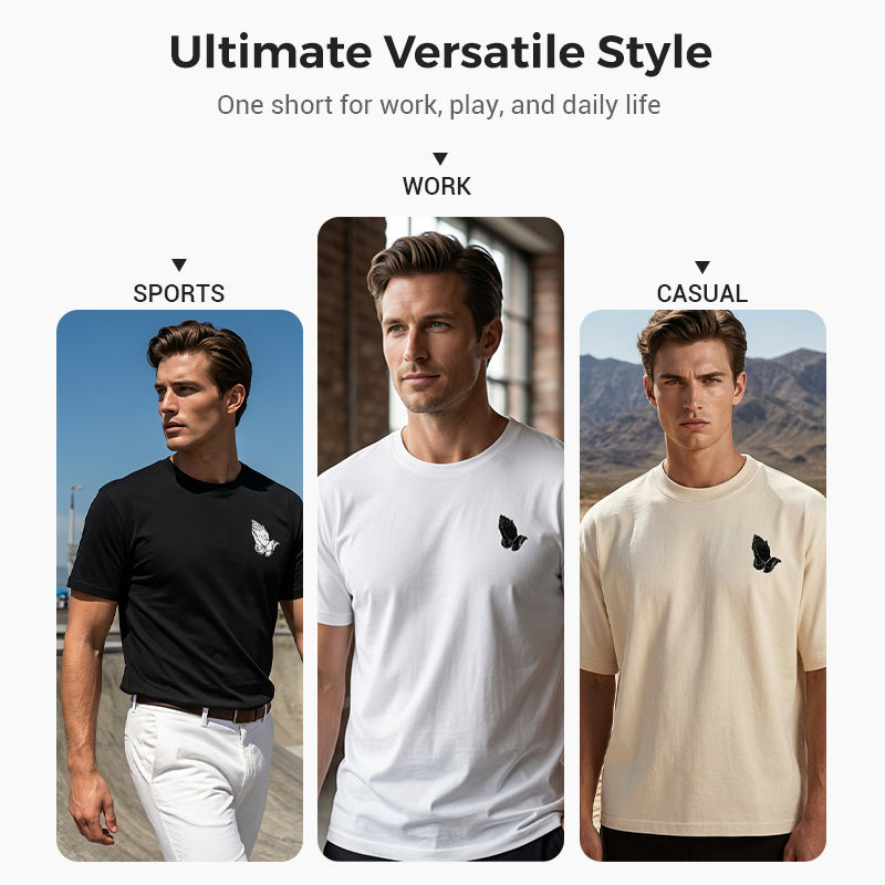 Heren T-shirt met biddende handen print – katoen, casual, symbolisch, veelzijdig