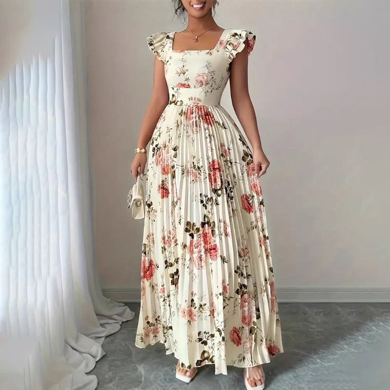 🌸2026 Nieuw Binnen👗Elegante Bloemenprint Geplooide Maxi-jurk✨Romantische Vierkante Hals, Ruche Mouwen & Vloeiende Bloemrok🌷