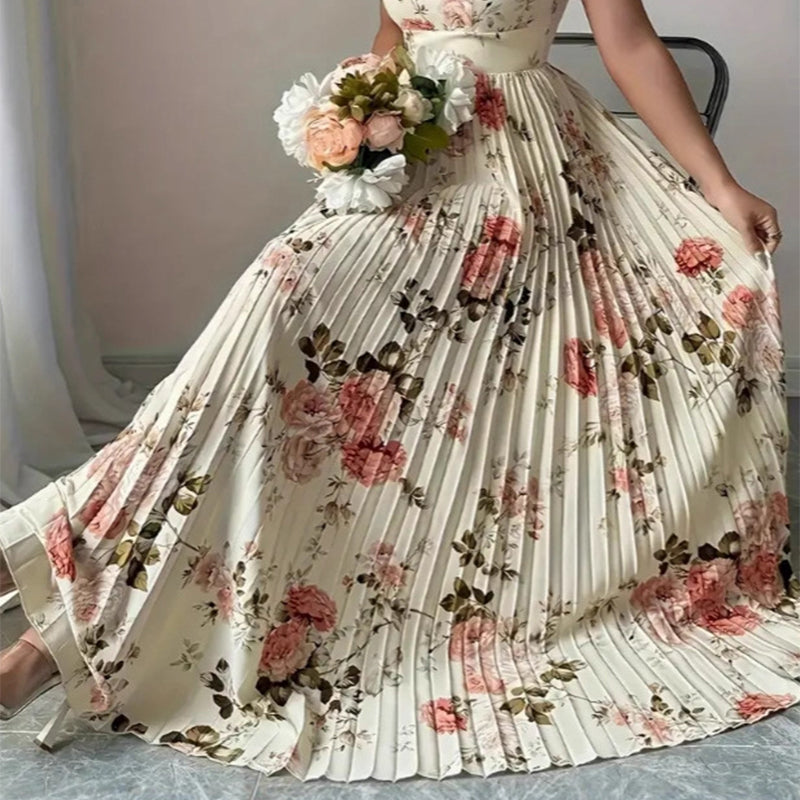 🌸2026 Nieuw Binnen👗Elegante Bloemenprint Geplooide Maxi-jurk✨Romantische Vierkante Hals, Ruche Mouwen & Vloeiende Bloemrok🌷