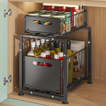 🥫🏠 50% KORTING! Van keuken tot badkamer: deze dubbellaagse stalen schap schuift je rommel naar je toe en zware flessen vallen nooit meer om. Zonder montage, in 1 minuut klaar!