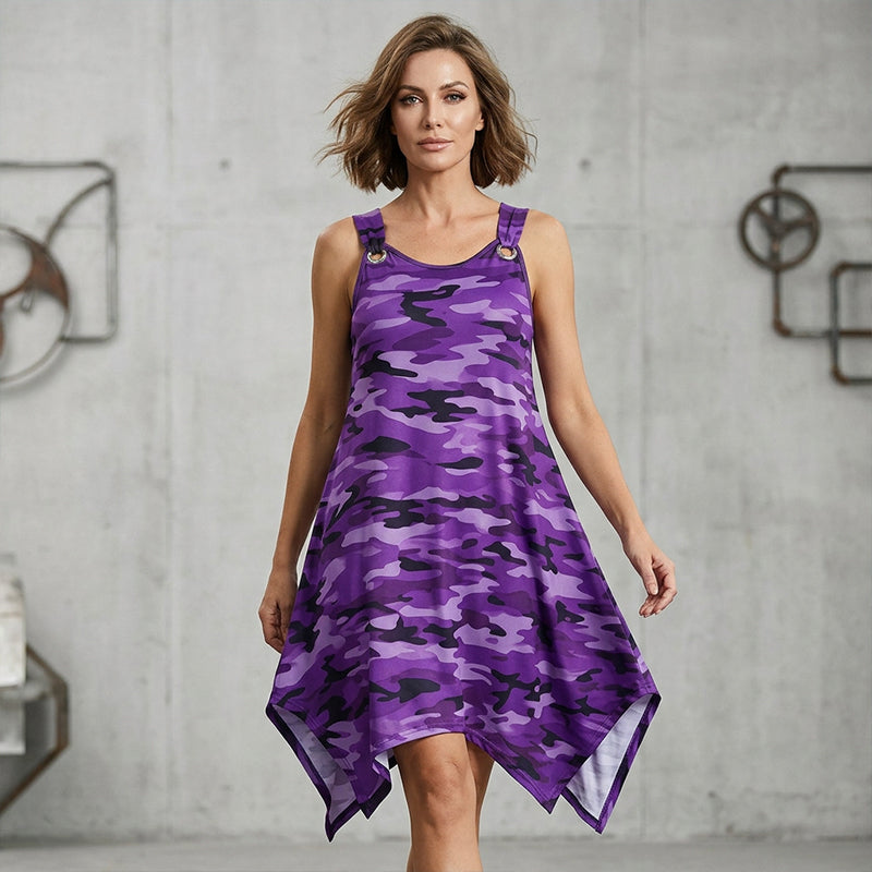 👗 TIJDELIJKE AANBIEDING: 50% KORTING! ✨ Mouwloze camouflagejurk – asymmetrische zoom, stoere stijl, uniek 🍂