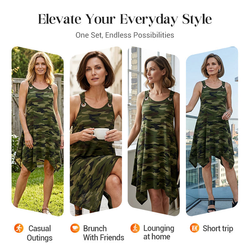 👗 TIJDELIJKE AANBIEDING: 50% KORTING! ✨ Mouwloze camouflagejurk – asymmetrische zoom, stoere stijl, uniek 🍂