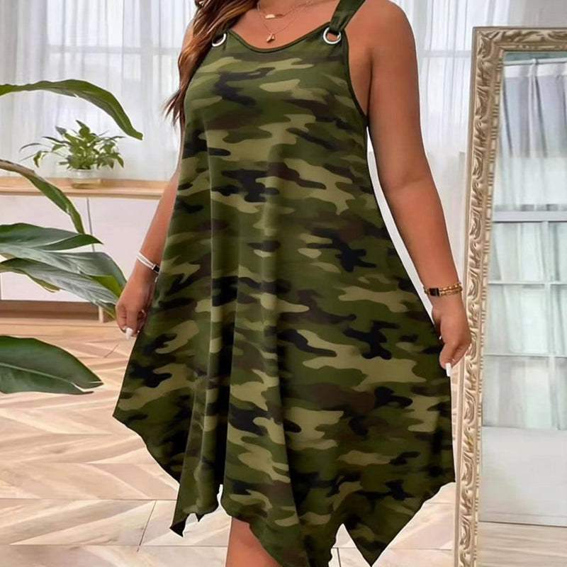 👗 TIJDELIJKE AANBIEDING: 50% KORTING! ✨ Mouwloze camouflagejurk – asymmetrische zoom, stoere stijl, uniek 🍂