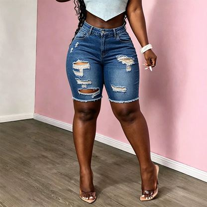Women's Mid-Waist Ripped Denim Bermuda Shorts