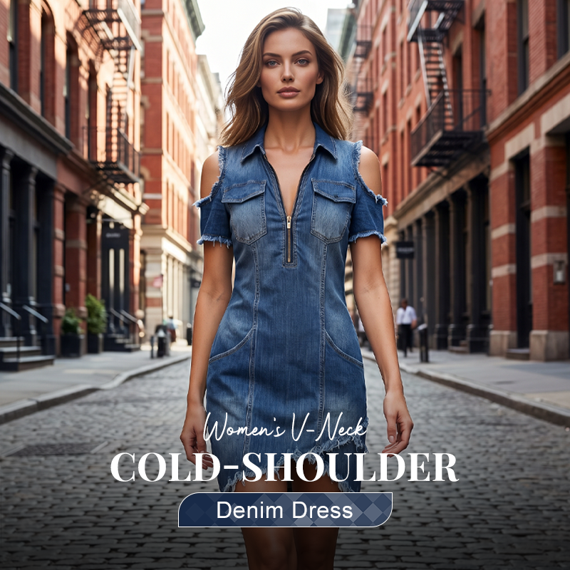 👖 TIJDELIJK, 59% KORTING! ✨ Dames koude schouder denim jurk – V-hals, vloeiend, boho 🌼