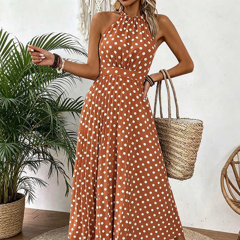 👗Nieuw Binnen 50% KORTING🍊 Retro Polkadot Halter Jurk – Vloeiende Geplooide Rok & Hoge Taille – Flatterend & Luchtig 🍋