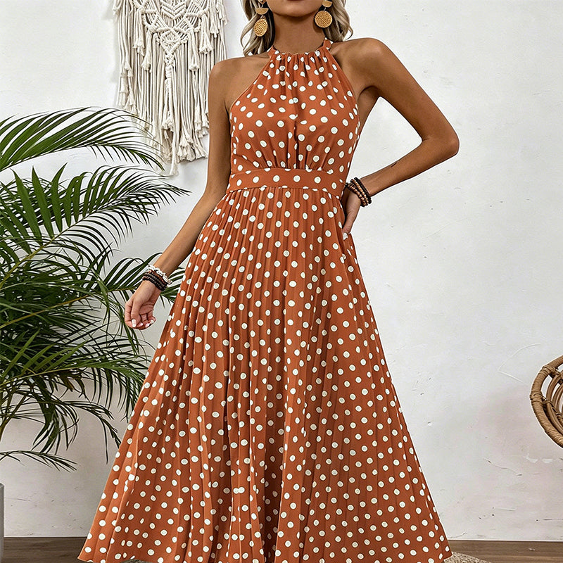 👗Nieuw Binnen 50% KORTING🍊 Retro Polkadot Halter Jurk – Vloeiende Geplooide Rok & Hoge Taille – Flatterend & Luchtig 🍋