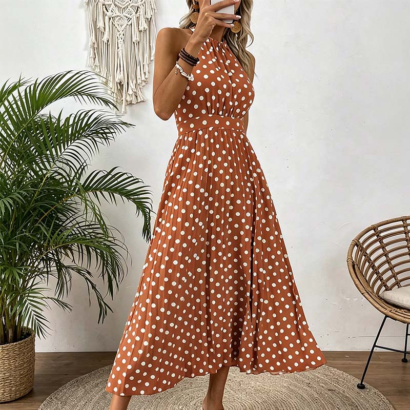 👗Nieuw Binnen 50% KORTING🍊 Retro Polkadot Halter Jurk – Vloeiende Geplooide Rok & Hoge Taille – Flatterend & Luchtig 🍋