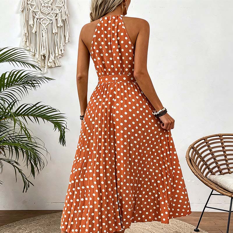 👗Nieuw Binnen 50% KORTING🍊 Retro Polkadot Halter Jurk – Vloeiende Geplooide Rok & Hoge Taille – Flatterend & Luchtig 🍋