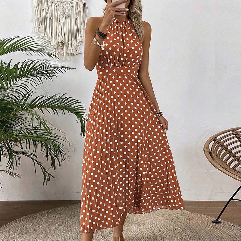👗Nieuw Binnen 50% KORTING🍊 Retro Polkadot Halter Jurk – Vloeiende Geplooide Rok & Hoge Taille – Flatterend & Luchtig 🍋