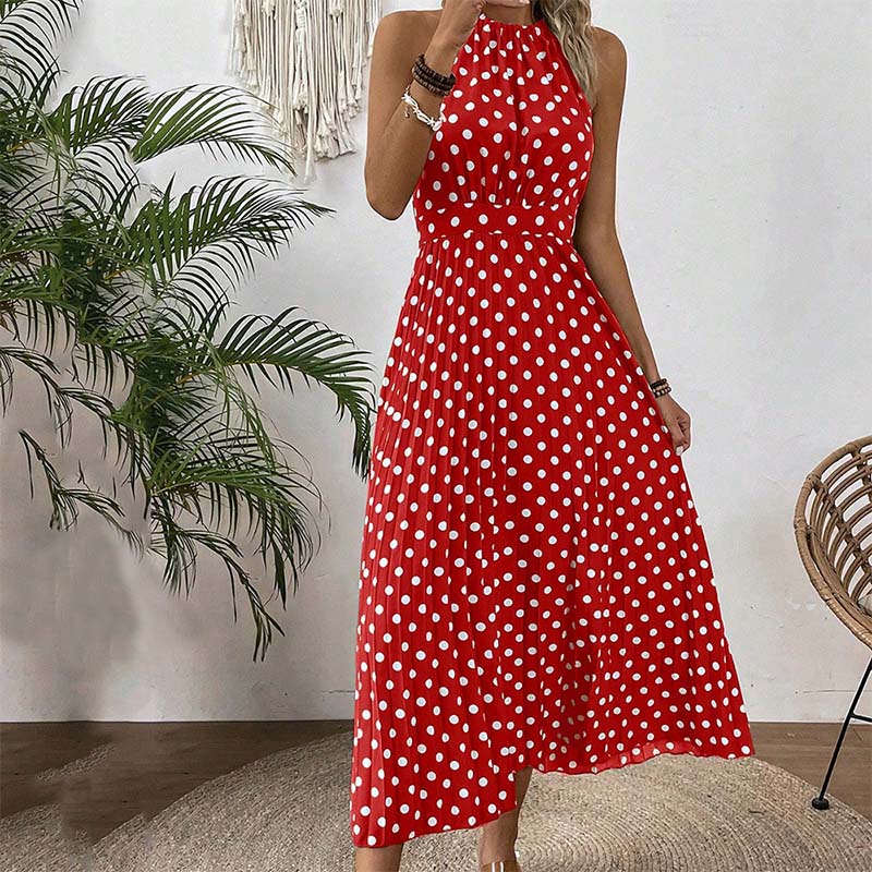 👗Nieuw Binnen 50% KORTING🍊 Retro Polkadot Halter Jurk – Vloeiende Geplooide Rok & Hoge Taille – Flatterend & Luchtig 🍋