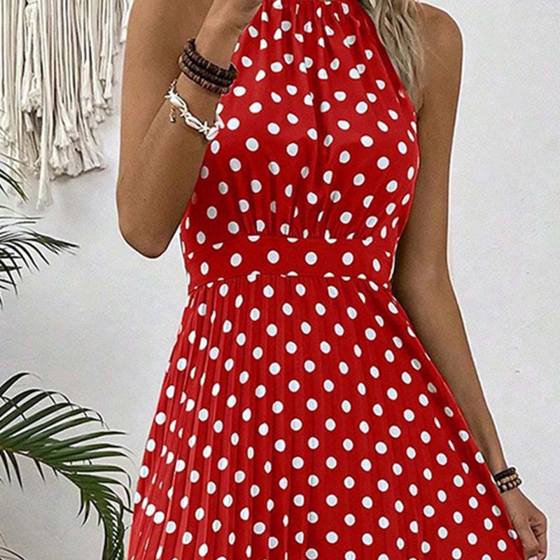 👗Nieuw Binnen 50% KORTING🍊 Retro Polkadot Halter Jurk – Vloeiende Geplooide Rok & Hoge Taille – Flatterend & Luchtig 🍋