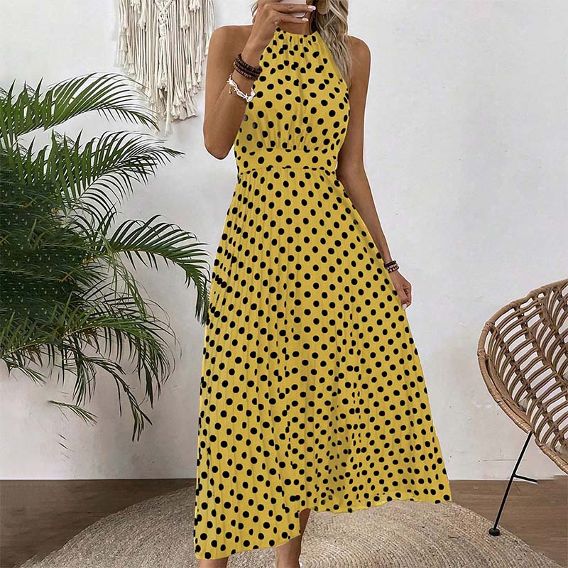 👗Nieuw Binnen 50% KORTING🍊 Retro Polkadot Halter Jurk – Vloeiende Geplooide Rok & Hoge Taille – Flatterend & Luchtig 🍋