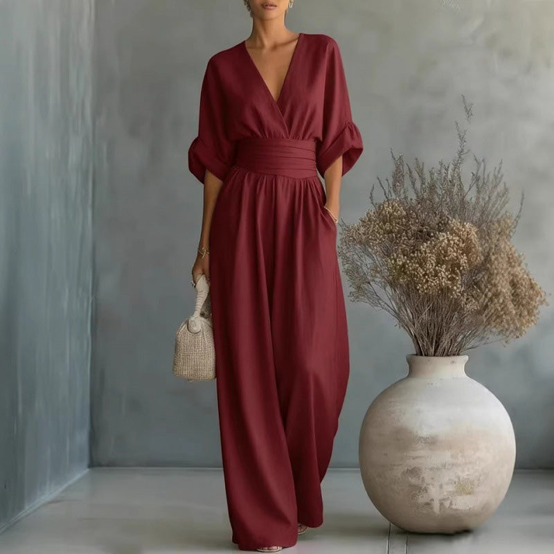 🔥50% KORTING✨Dames V-hals jumpsuit Kwalitatieve mengstof slank passend voor alle momenten